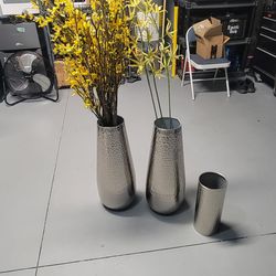 (3) Metal Polished/Silver Vases, Dimpled Finish