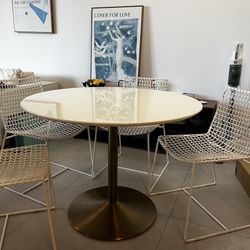 CB2 Odyssey 40” Round Dining Table White Lacquer & Brass 