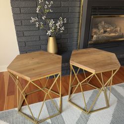 End Tables Hexagonal Wood Top Gold Metal Frame 