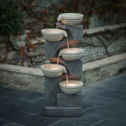 Brand New! LuxenHome Five Bowl 35 in. High Gray Resin Cascading Outdoor Fountain with LED Lights, F1380