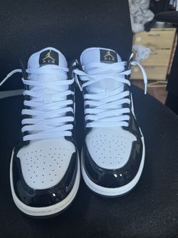 jordan 1 mid patent white, black and gold