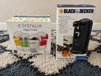 Brand new can opener and kids yougurt containers
