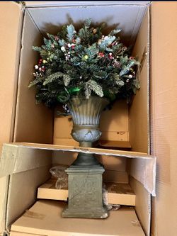 40 inch Tall Winter Topiary with Large Heavy Urn Pedestal Plinth base