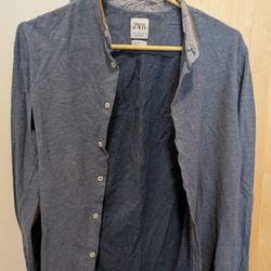 Zara Blue Long Sleeve Cardigan Shirt Men's M Band Collar Elbow Patches