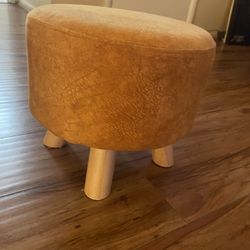 Round Ottoman Fabric Foot Rest Stool Non-Skid Wooden Legs (Orange)