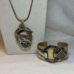 Vintage Brutalist Artisan Mixed Metals Modernist Pendant Necklace and Cuff Bracelet Set