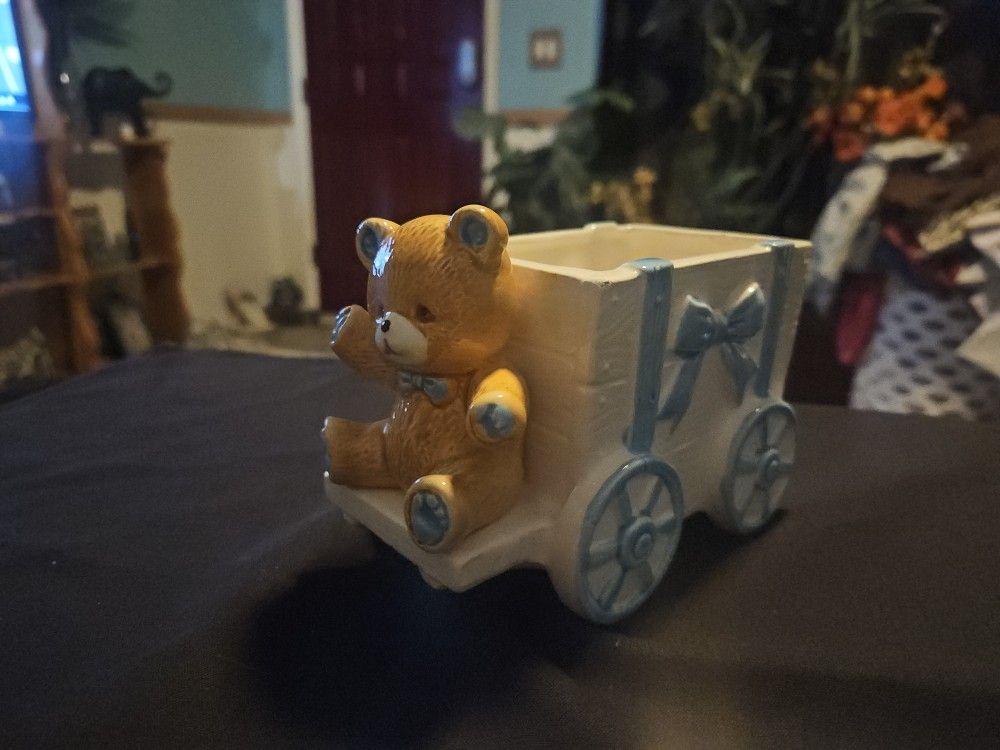 Vintage 1986 Lefton Teddy Bear Blue White Planter Japan