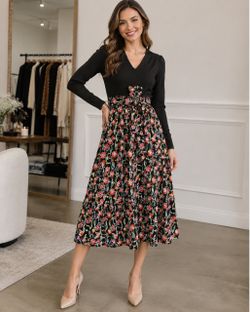 090 | Floral Print Belted Midi Dress