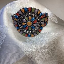 Western Boho Silver Tone Enamel Cuff Bracelet 