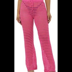 Women's Cover Up Pants Drawstring Crochet Knitted Sheer Beach Cover Up Pants Swimwear