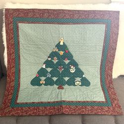 Vintage Handmade Holiday Christmas Tree Quilt / Wall Tapestry with Embellisments Attached 30" Square