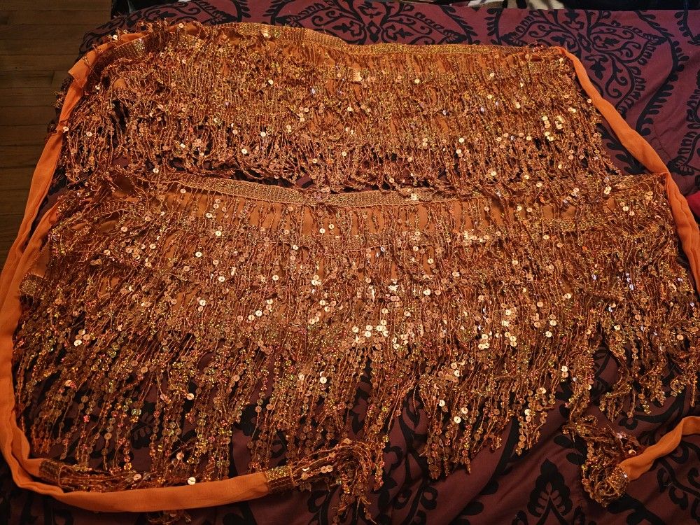 Belly Dance Hip Skirt and Top with Sequins, Fringe & Tassels - Orange