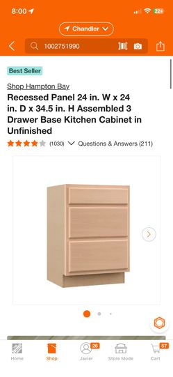 Shop Hampton Bay Recessed Panel 24 in. W x 24 in. D x 34.5 in. H Assembled 3 Drawer Base Kitchen Cabinet in Unfinished