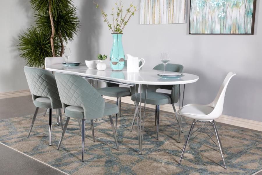MODERN RETRO WHITE CHROME OVAL PIECE DINING TABLE SET GRAY
