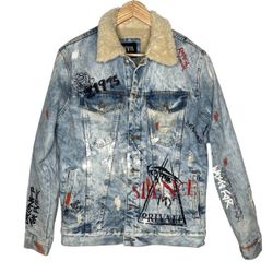 Zara Men'Denim SHERPA Jacket Artistic Acid Washed Jean Painted