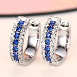 Baguette 14K White Gold-Plated Sapphire Blue Cubic Zirconia 17mm Men Women Huggie Hoop Earrings 