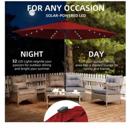 10ft Patio Umbrellas 32 Solar LED Lights Outdoor Market Umbrella with Tilt Crank, Solar Umnrella - Red