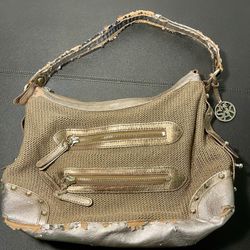 The Sak Woven Knit Golden Shoulder Bag Zippers Faux Leather DISTRESSED For Parts