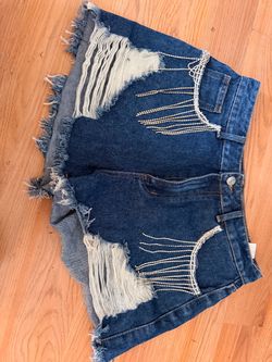 Distressed Denim Shorts with Rhinestone Detail