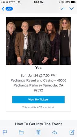 Yes Concert Ticket- CONCERT IS TODAY!