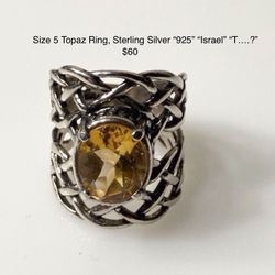 Size 5 Topaz Ring, Sterling Silver “925” “Israel”