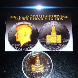 1976 BEAUTIFUL KENNEDY 1/2 DOLLAR BLACK RUTHENIUM & CERTIFICATE OF AUTHENTICITY ! 24KT !