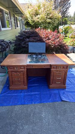 4 Piece Wood desk w/ green marble inlay