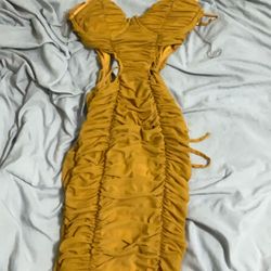 Sexy Knee Length Ruffled Yellow Mustard Dress