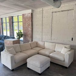 Cream Corduroy Sectional Sofa with Ottoman