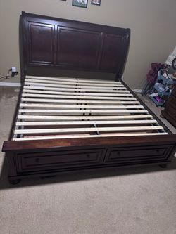 Dark Wood Sleigh Bed Frame with Storage Drawers