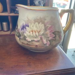 Antique Limoges France Artist Signed Floral Water Lily Pitcher Vase 