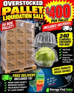 🔥 OVERSTOCK PALLET LIQUIDATION — $400 DELIVERED! 🔥 Brand-new head-lettuce-style clear clamshell containers. 📦 20 boxes per pallet 🥬 240 container