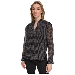 Calvin Klein Women's Chiffon Sleeve Logo Print V-Neck Blouse Blk White SMALL NWT
