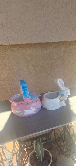 Ceramic Easter Basket and Bunny Planter Set