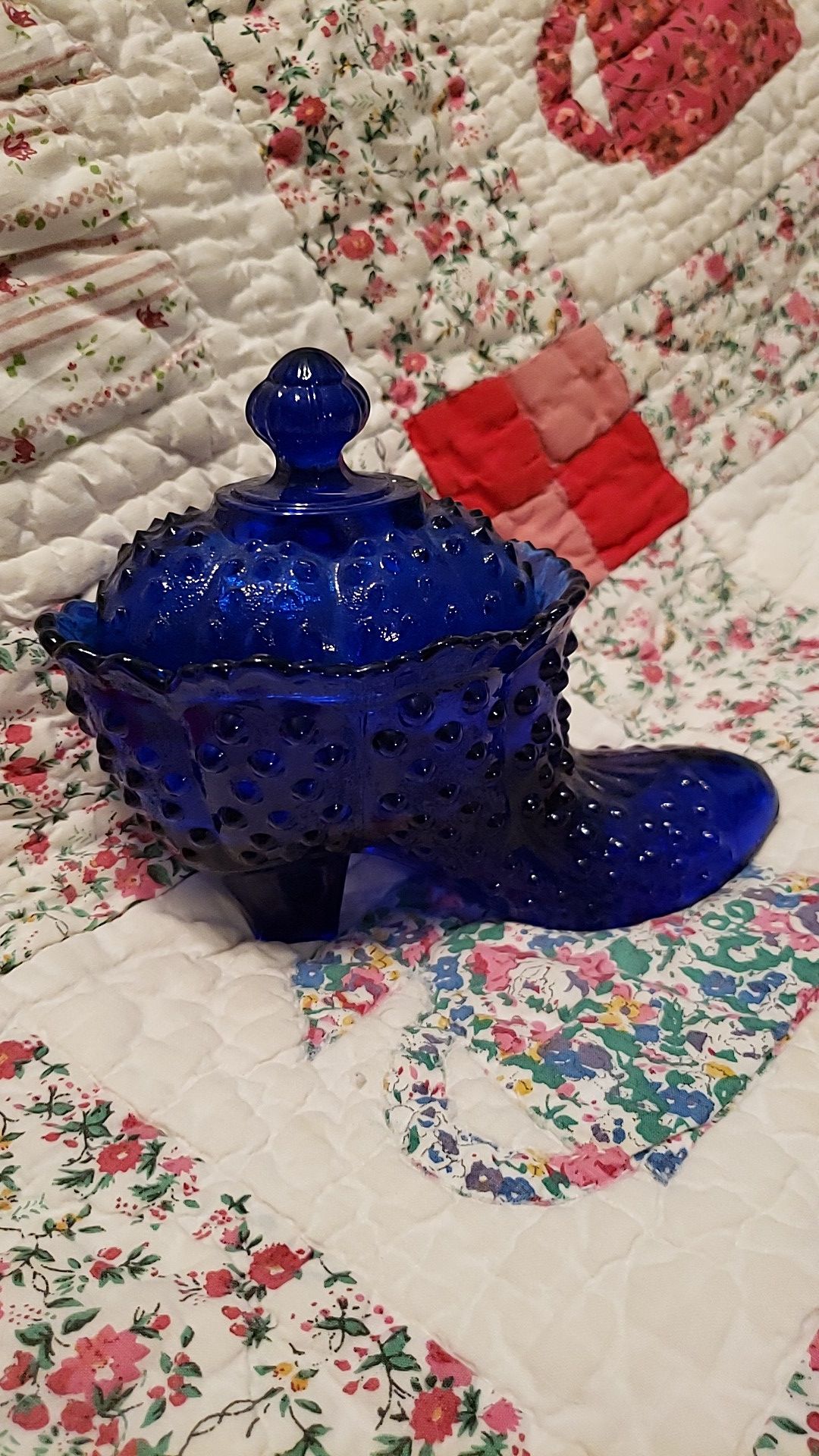Lovely VINTAGE Blue Cobalt Hobnail Glass Shoe Boot Candy Dish with Lid