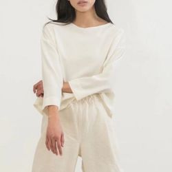 Elizabeth Suzanne cream linen quarter sleeve handmade oversized tunic S