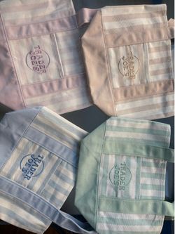 Trader Joe’s 2026 Pastel Striped Mini Tote Bag Set of 4 Pink Blue Green Tan