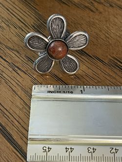 Stylish Silver Flower Ring with Brown Stone Center