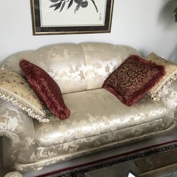 The living room three piece set - love seat and two club seats - Ethan Allen recovered in silk.