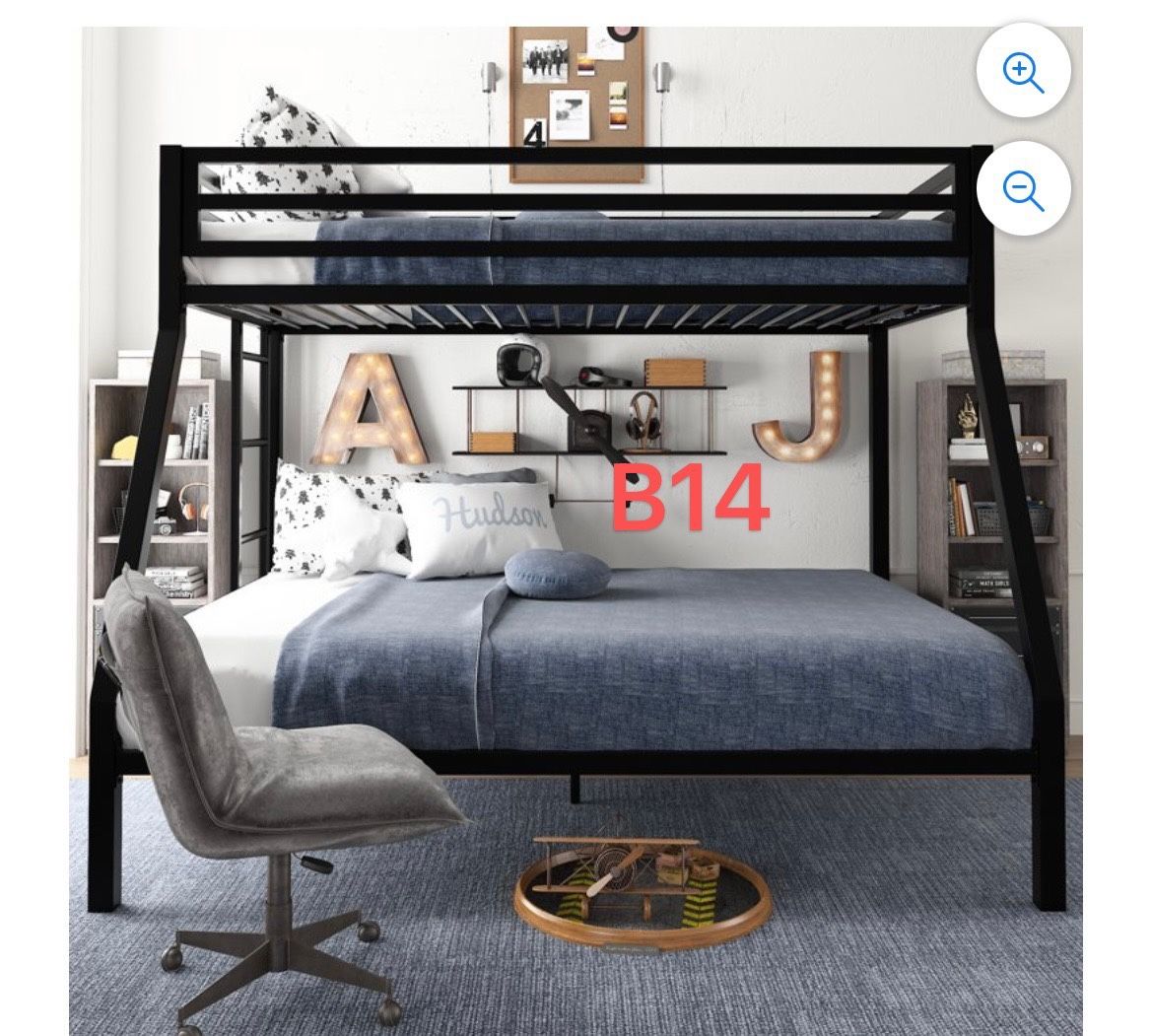 B14 Twin Over Full Metal Bunk Bed with Stairs, Fullength Guardrail, Matte Black