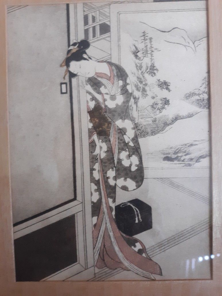 4 Japanese Woodblock Prints Wood Block Antique Vintage Frames With Wooden Matts