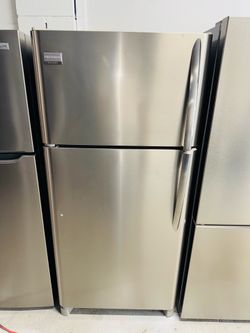 Frigidaire stainless steel refrigerator, 30" x 65" x 29"; includes a receipt for a 90-day warranty.