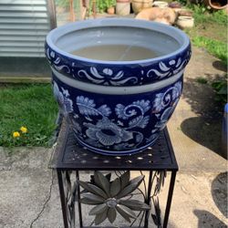 Blue And White Floral Ceramic Planter Pot - 9.5” Tall 11.5” Wide