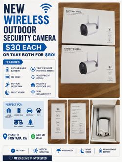 Title: NEW Wireless Outdoor Security Camera - $30
Price: $30 each OR $50 for both
Category: Electronics → Security Cameras
Description:
Brand New Wire