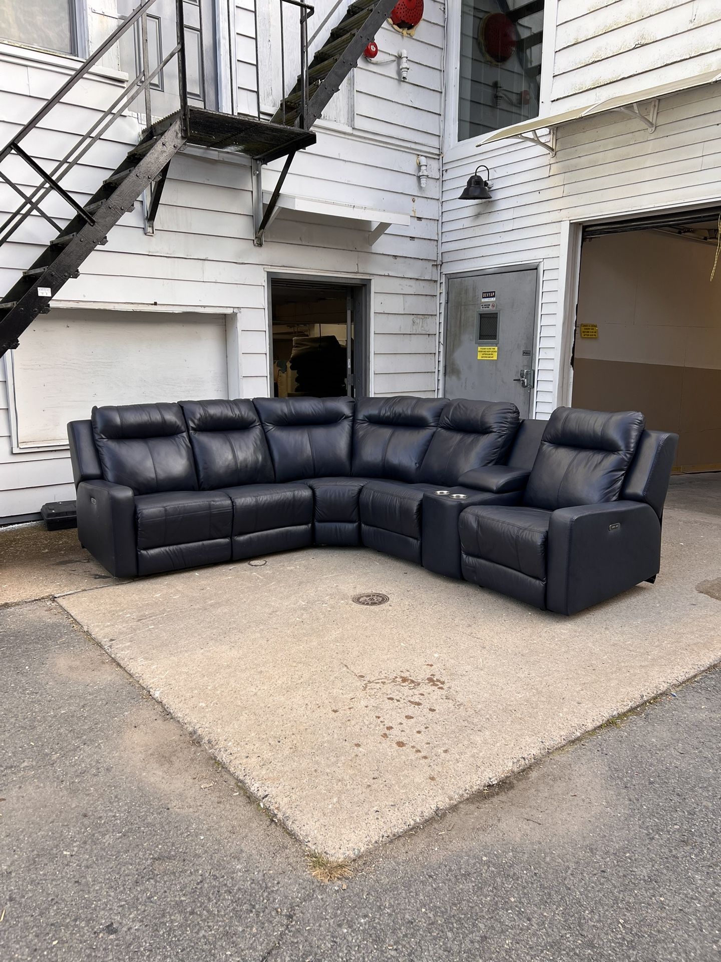 Navy Blue Leather 6 Piece Power Recliner Sectional Couch