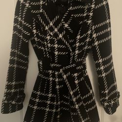 Black and White Plaid Double Breasted Belted Coat