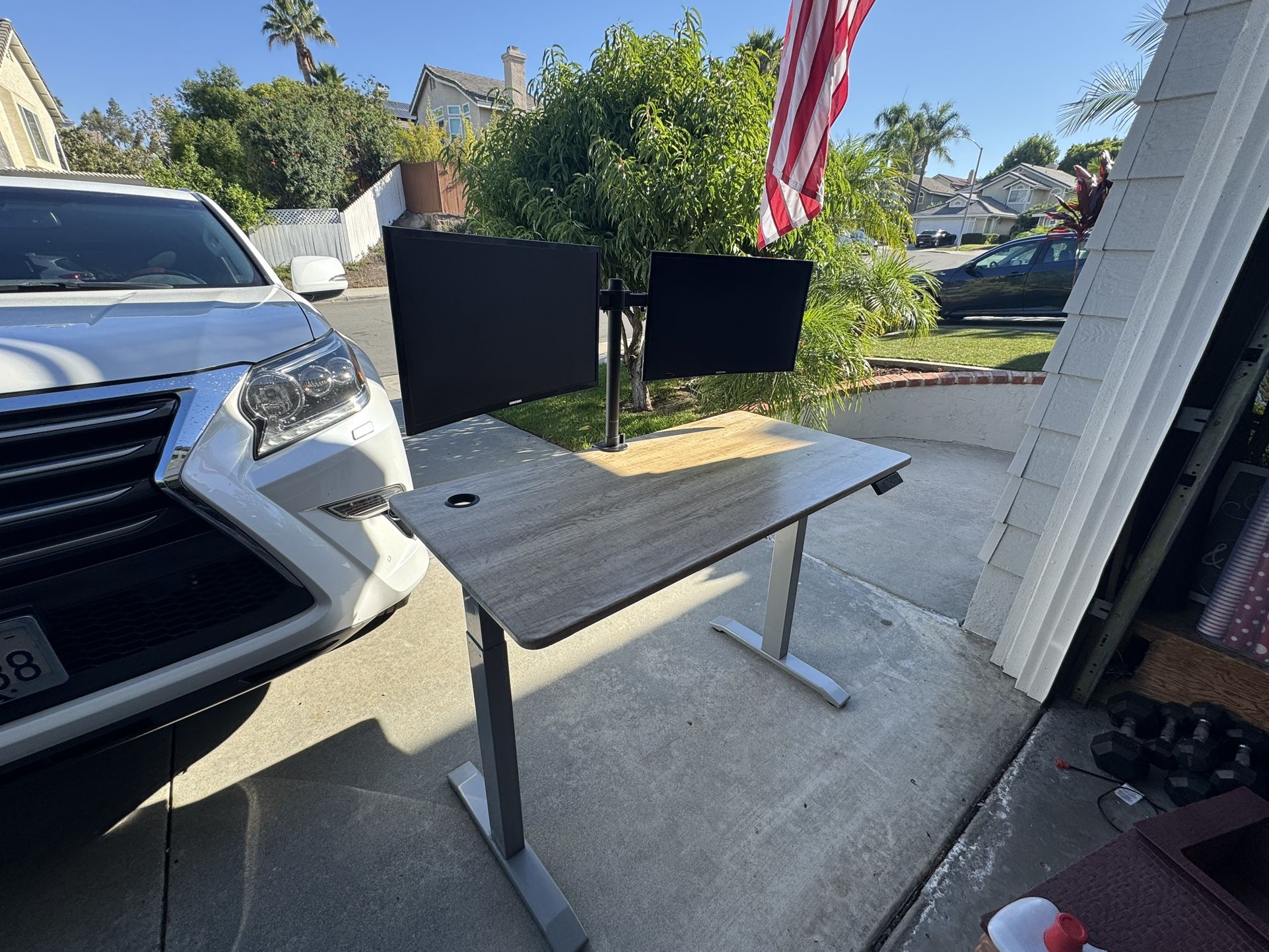 Two 24” Samsung Curved Monitors Plus Mount And Rising Desk