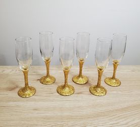 NEW SET of (6) Handcrafted DYI Gold Glitter Glass Champagne Glasses