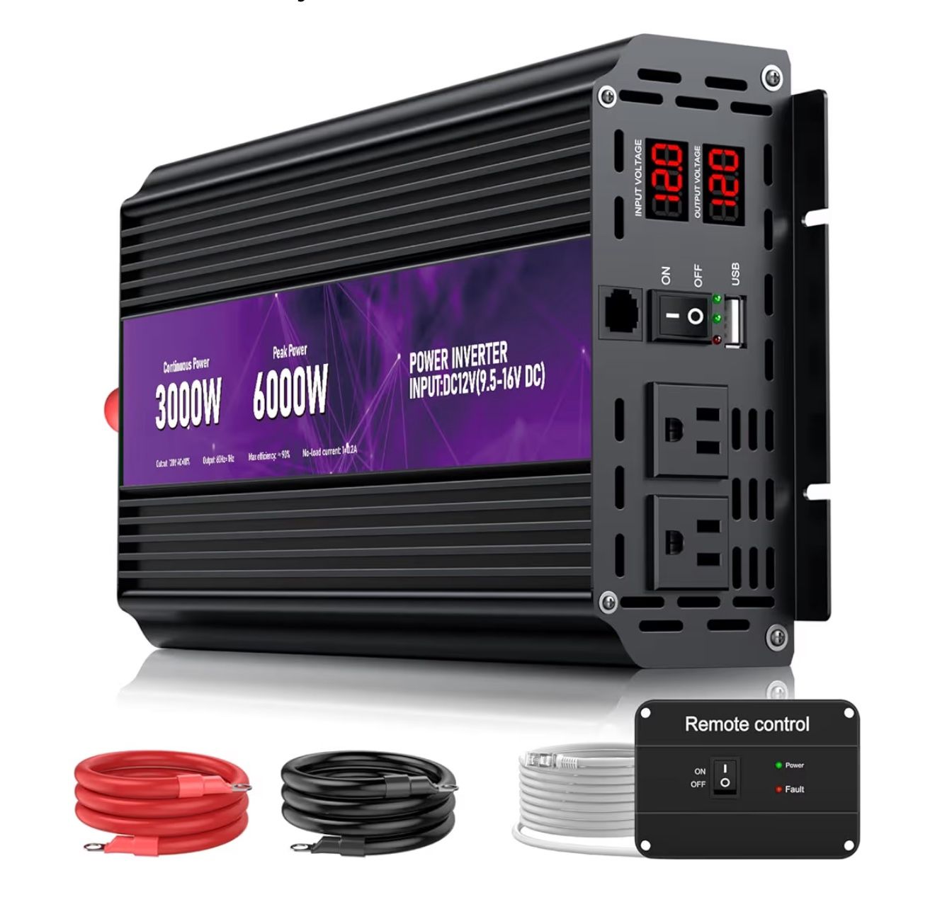 3000W Power Inverter,Peak Power 6000W 12V DC to AC 110V120V,Remote Control with 2AC Outlets and 2.4USB Port,LCD Display for Power Converter,Outdoor Ac