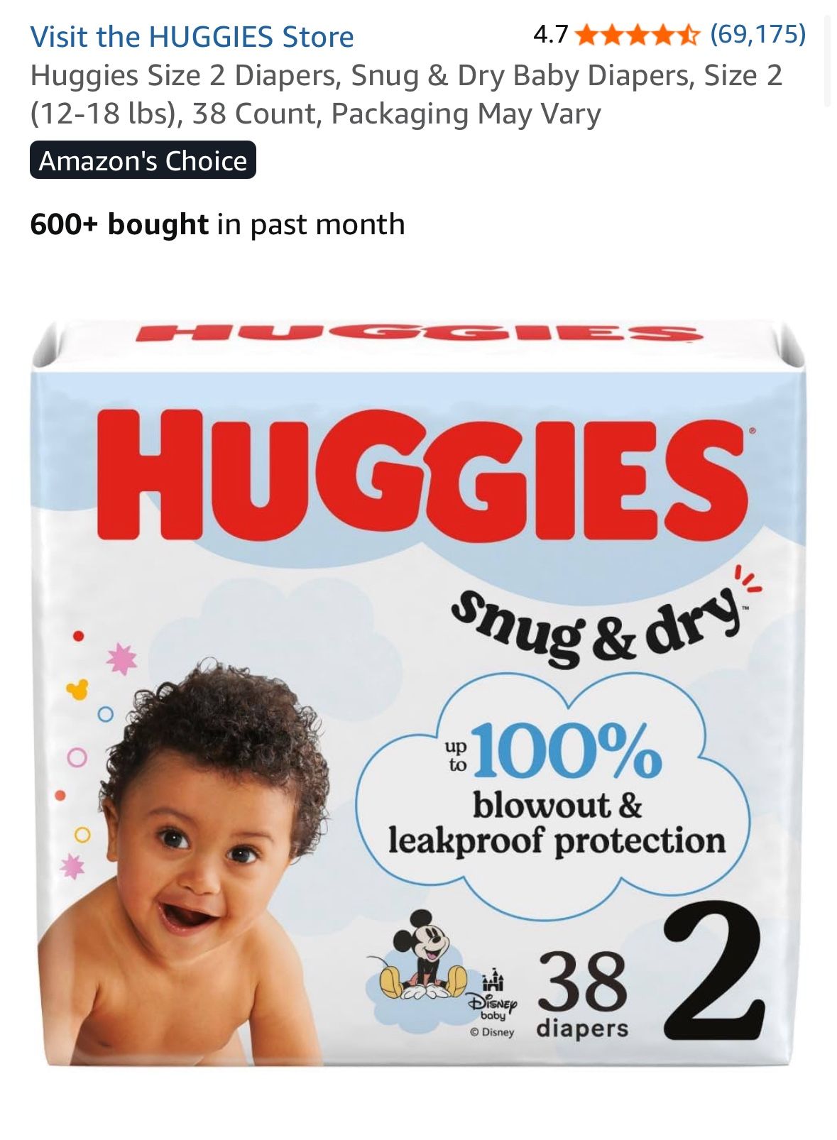 Huggies Size 2 Diapers, Snug & Dry Baby Diapers, Size 2 (12-18 lbs), 38 Count, Packaging May Vary